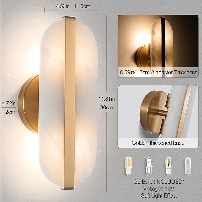 Natural Alabaster Wall Sconces Marble Wall Sconces Gold Bathroom Vanity Wall Light Fixture Stone Wall Lamp Modern Alabaster Sconces Wall Lighting for Bedroom Living Room Hallway Restaurant