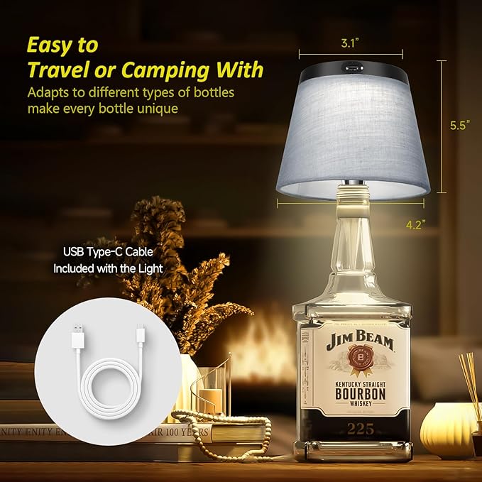 2025 New Bottle Lamp - LED Bottle Lights for Liquor & Wine Bottles, Cordless Lampshade, Whiskey Bottle Top Light, Bottle Stopper Night Light Kit, Rechargeable 3-Tone Touch-Dimmable