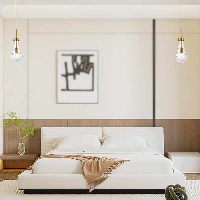 Raindrop Pendant Lights for Kitchen Island Dining Room, Handblown Teardrop Glass Kitchen Light Fixtures Luxury 1-Light Brushed Brass Pendant Lights Hanging Lamps for Bedroom Dining Table, Hallway