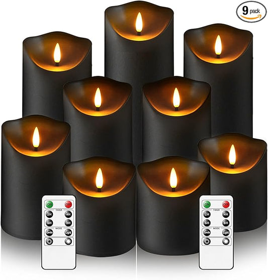 Flameless Candles with Remote Timer, Battery Operated Realistic Flickering LED Candles, 9 Packs Fake Candles for Home Decor (D3 x H 3" 4" 5" 6" 7") (Black)
