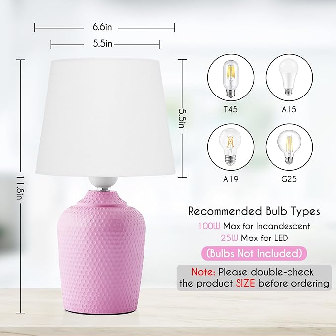 Sucolite Small 11.8'' Table Lamps Set of 2, Bedside Nightstand Lamps for Bedroom Kid’s Room, Cute Desk Lamps with Studded Texture Base for Reading Nursery Living Room Office, Pink