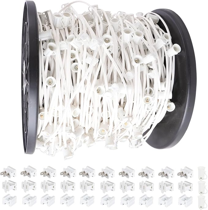 500FT C7 Light String Christmas Stringer, E12 Christmas Sockets 12" Spacing, C7 Stringer Set Green Outdoor String Light for Wedding Patio Event Lighting Decor, White Wire