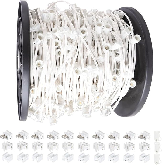 500FT C7 Light String Christmas Stringer, E12 Christmas Sockets 12" Spacing, C7 Stringer Set Green Outdoor String Light for Wedding Patio Event Lighting Decor, White Wire