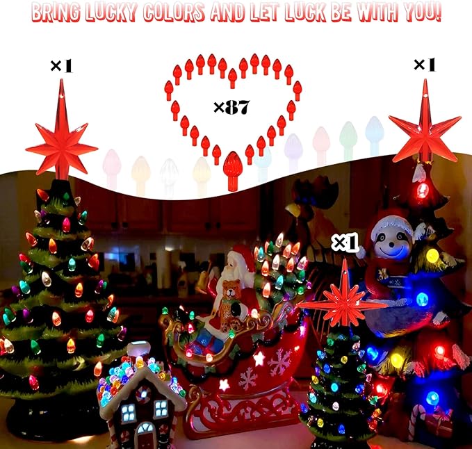 Ceramic Christmas Tree Replacement Lights Bulbs, Red Medium Twist Plastics Pegs Ornaments for Ceramic Tree(87 Bulbs＆ 3 Topper Star)