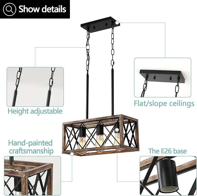 KEESFU Farmhouse Kitchen Island Lighting, 3 Lights Pendant Lighting Fixtures, Adjustable Height, Industrial Dining Room Light for Living Room Foyer Dining Table Over Sink. (Wood Grain Color)