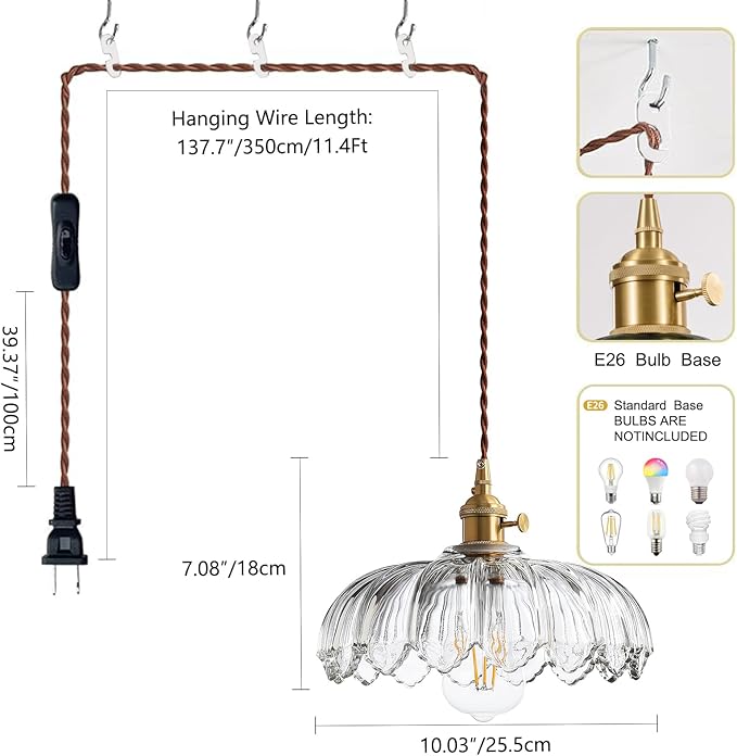 Plug in Pendant Light Hanging Lamp: Kitchen Pendant Lighting Clear Glass Pendant Light, Pendant Lights for Kitchen Island, Bedroom, Dining Room, Living Room, E26 No Bulb
