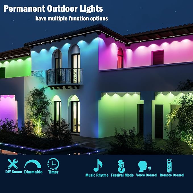 Permanent Outdoor Christmas Lights 100ft,Smart RGB Color Changing Eave Lights with 63 Scene Modes, IP67 Waterproof Permanent Holiday Lamps Outdoor,APP,Voice,Remote Control
