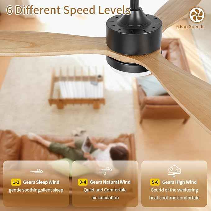 52inches Ceiling Fan with Lights,Wood Downrod Ceiling Fans with Remote Control,Dimmable Light,3 CCT,6 Speeds,Noiseless DC Motor,2 rods,Ceiling Fan for Bedroom,Living Room,Office,Indoor