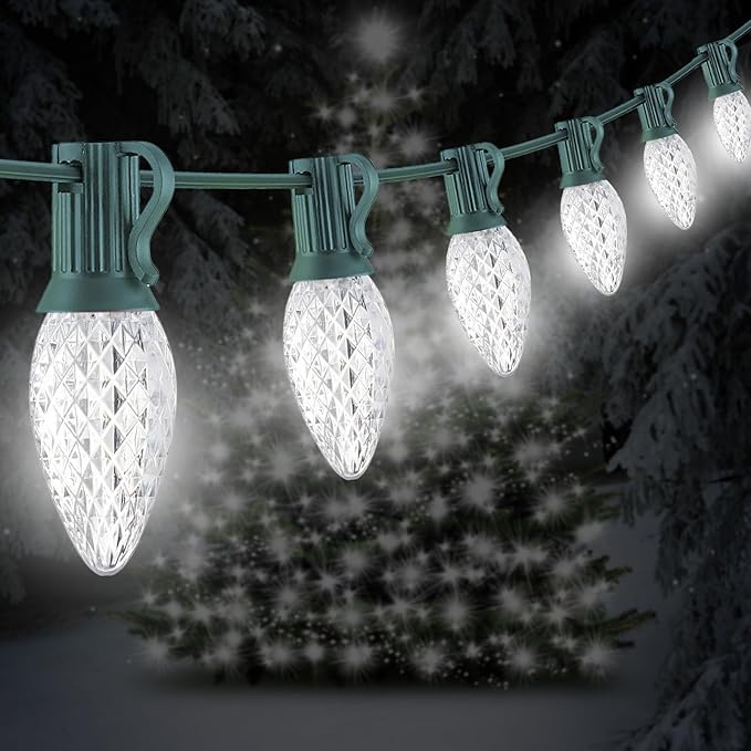 25FT C7 Christmas Lights Outdoor, Bright SMD LED String Lights with 25 7000K Cool White Bulbs for Roof, Fence, Winter Ice Themed Holiday Decor