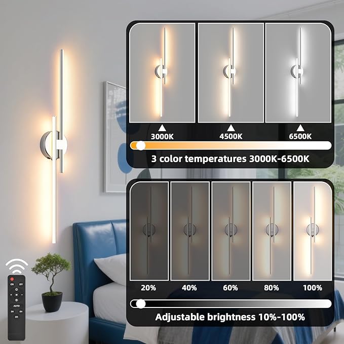 Wireless Battery Operated Wall Sconces with Remote, USB Rechargeable Led Wall Lights, 3000K-6000K Wireless wall sconces for Bedroom, Hallway, Living Room. Chrome 31.4-Inch Wall Light Set of Two