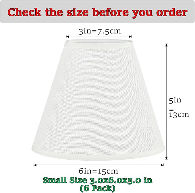 3" Top x 6" Bottom x 5" High Chandelier Shades, White 3.0x6.0x5.0 Inches Linen Fabric Lampshades, Perfect Covers for 6 Light Pendant Light or Wall Sconce, Clip On Bulb, E12 Socket(Small Size, 6 Pack)