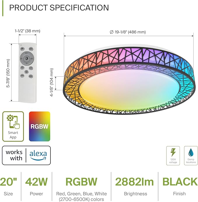 ASD 20 Inch Smart RGBW Flush Mount Ceiling Light with Remote - Matte Black 42W 120V 2700-6500K Dimmable Ceiling Light Fixture, WiFi App Control RGB Lights, Alexa & Google Assistant - ETL, 2 Pack