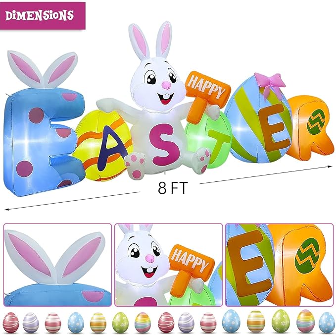 Joliyoou 8FT L Easter Inflatable Yard Decoration, Lighted Blow Up Bunny Sitting with Easter Eggs, Light Up Air Blown Rabbit Happy Easter for Spring Holiday Lawn Garden Indoor Outdoor Decors