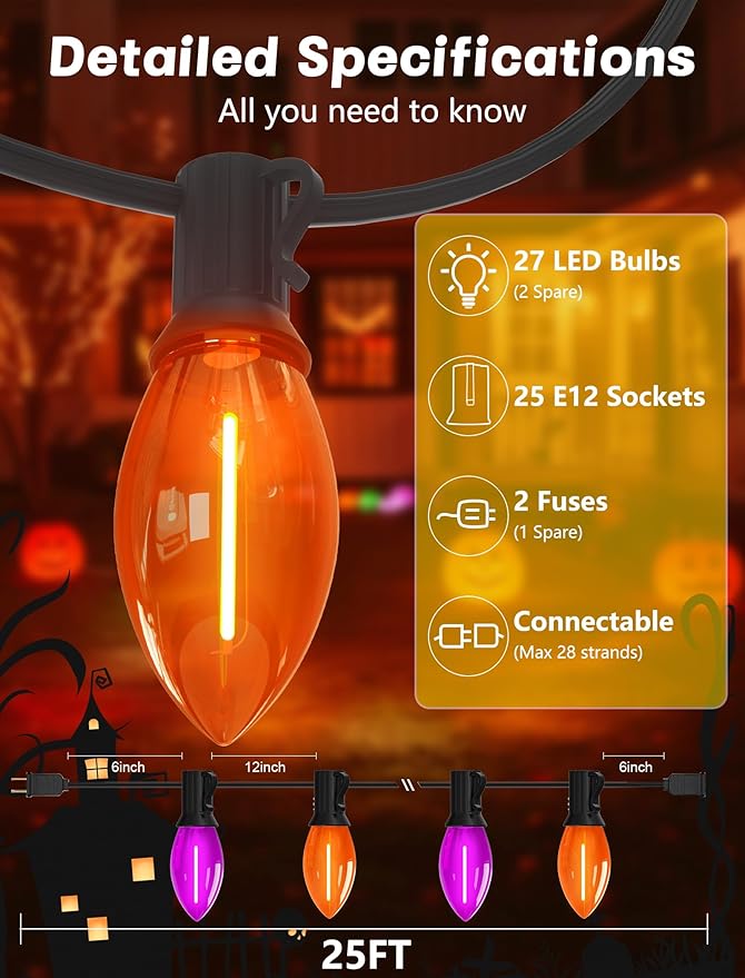 SUNSGNE C9 LED Halloween Lights Outdoor, 25ft Outdoor Christmas Lights with 26 Clear Orange and Purple Bulbs(1 Spare) for Halloween Christmas Roofline Patio Decorations, Black Wire
