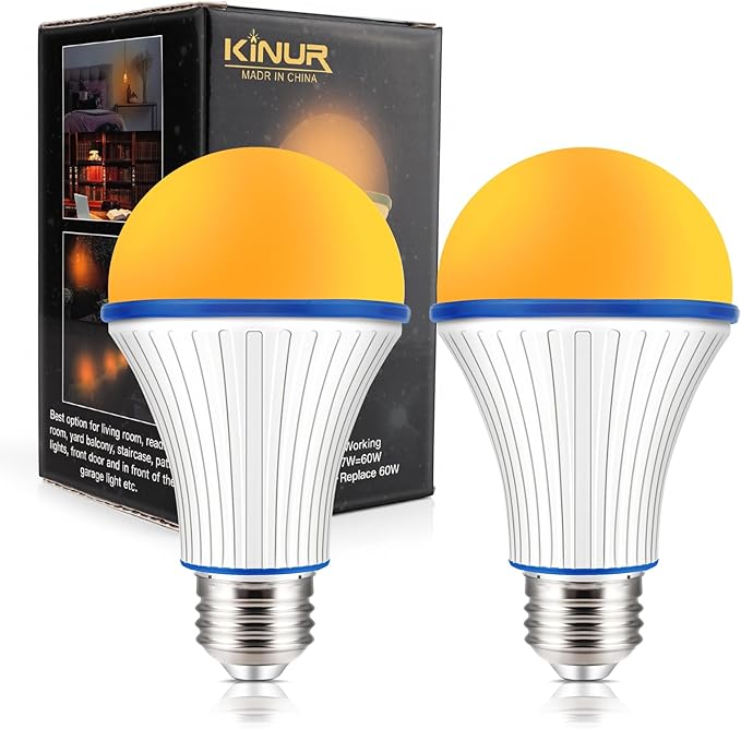 KINUR 7W A19 1800K Amber Light Bulb-Warm Light Bulbs for Sleep and Baby Nursery-60 Watt Equivalent-Non-Dimmable LED Sleep Light Bulbs 2 Pack