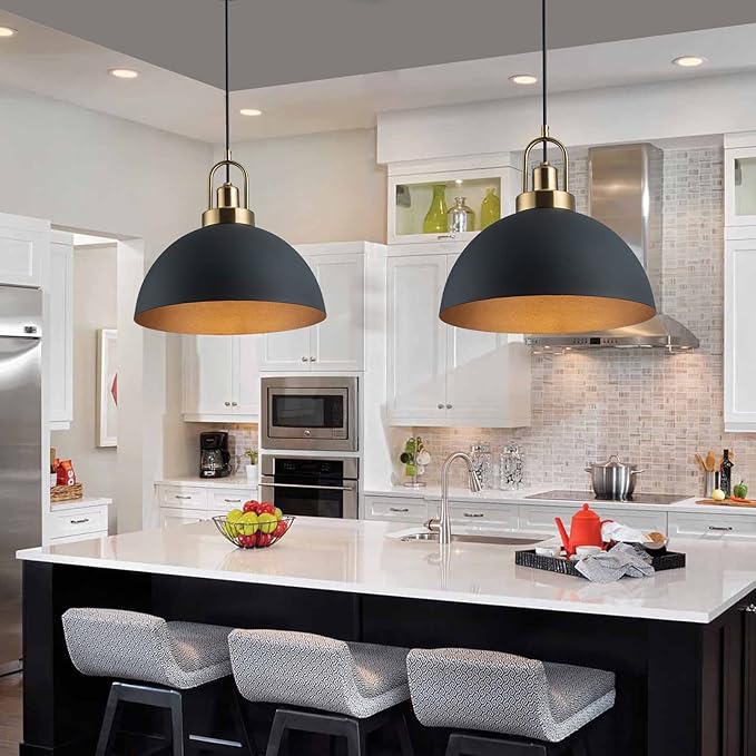 2 Vintage Industrial Pendant Light 13.58 "Dome Black and Gold Chandelier Lighting Brass Socket Chandelier line Length 78.74" Bedroom, Kitchen Island, Porch, Garage, 2 Packages