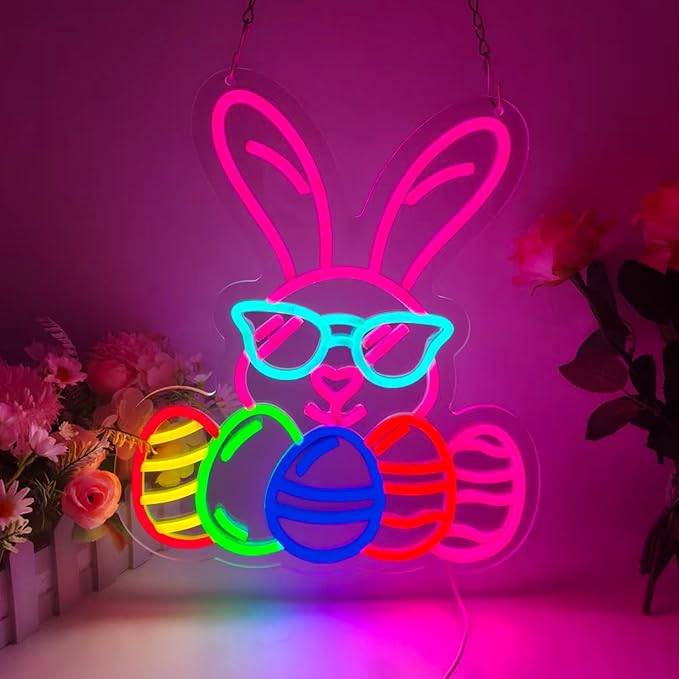 Easter Bunny Neon Signs for Wall Decor, LED Rabbit Egg Neon Light Signs, Gifts for Church, Kids Room Wall Decor Easter Decorations