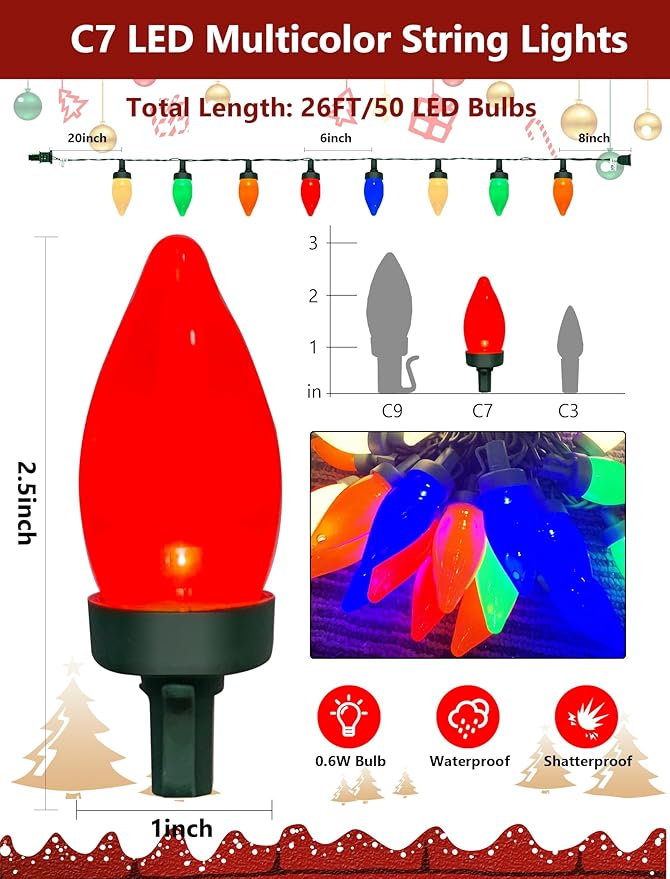 C7 LED Christmas Lights Outdoor, 26Ft Outdoor Christmas Decoratios String Lights Waterproof with 50 LED C7 Multicolor Bulbs, Vintage Christmas Lights for Indoor Roofline Backary Garden House Party