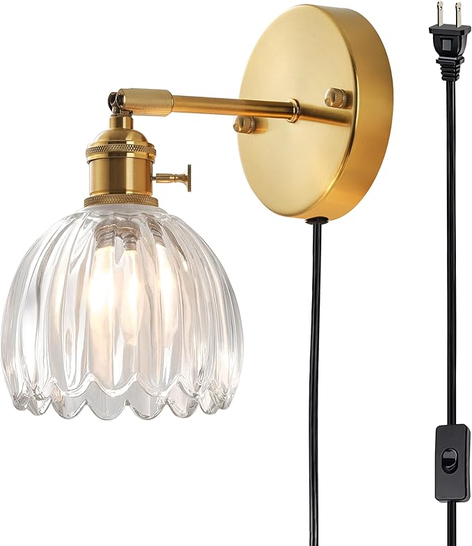 Plug in and Hardwired Wall Sconces, Luxury Vintage Tulip Crystal Glass Shade Wall Light with Switch for Bedside Bedroom Living Room (Tulip-Clear, 1)