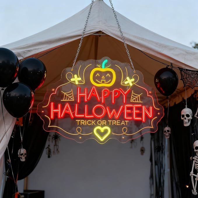 Halloween Neon Sign, Pumpkin Shape with 'HAPPY HALLOWEEN' Lettering, LED Party Decoration for Indoor Home/Bar/Haunted House