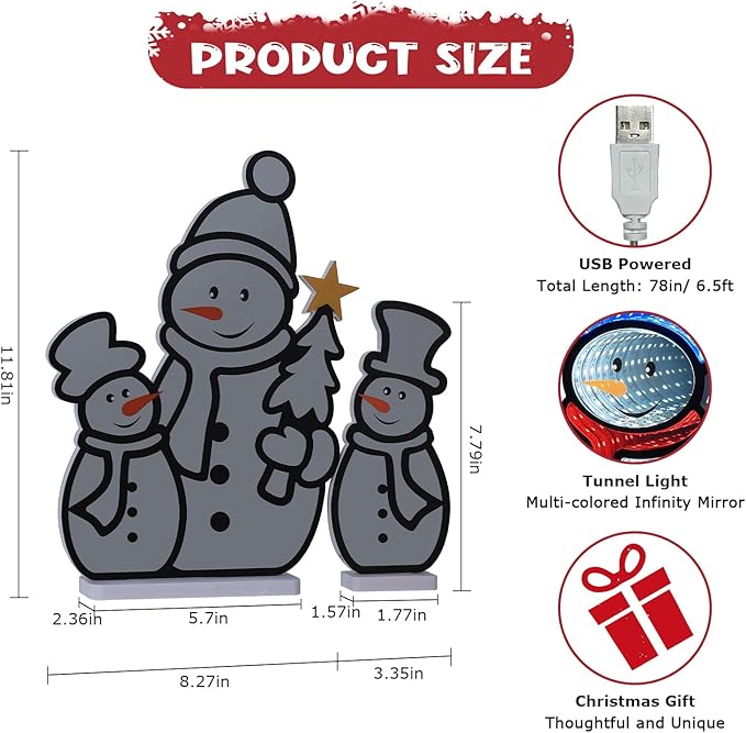 MEETYAMOR Christmas Decorations Indoor, Set of 3 Snowman Infinity Mirror Tunnel Light for Christmas Decor, Night Lights with Endless Extension for Home Mantel Table Centerpiece Lamp Xmas Decorations
