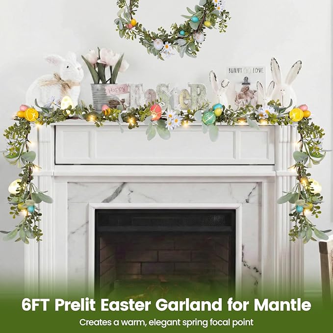 6FT Prelit Easter Garland with LED Lights & Timer, Battery Operated Easter Decorations with Daisies & Pastel Eggs, Artificial Lambs Ear Greenery for Mantle & Fireplace – Farmhouse Easter Egg Garland