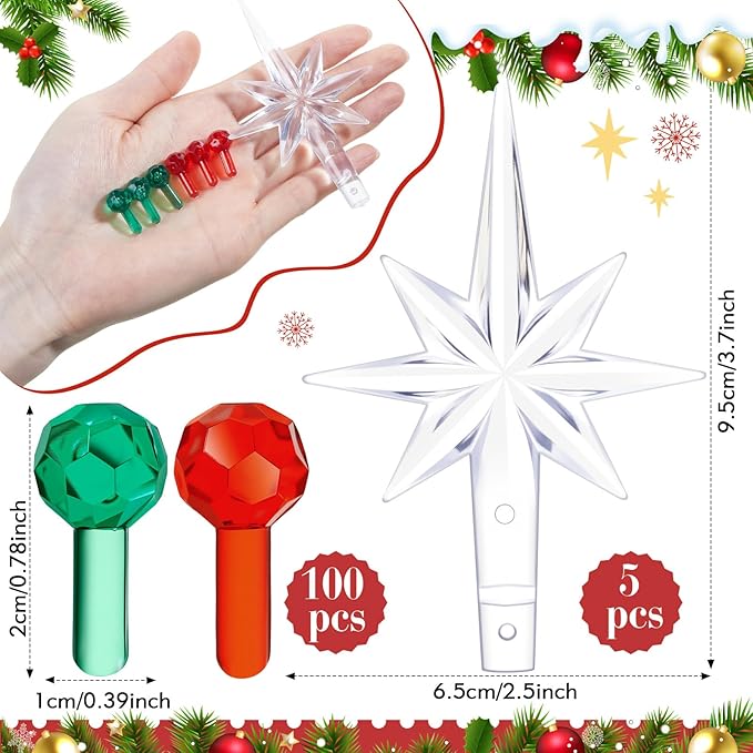 Boao 100 Pcs Ceramic Christmas Tree Bulbs with 5 Pcs Star Topper Light Ornaments Round and Heptagram Christmas Replacement Lights Bulbs for Village Xmas Tree Topper Decorations(Red and Green)