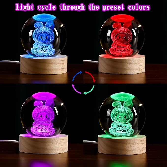 3D Easter Bunny Crystal Ball Night Light-Cute Bunny Gift, 2.4Inch Laser Engraved Glass Sphere with USB LED Base, Crystal Night Lamp for Bedroom Desk