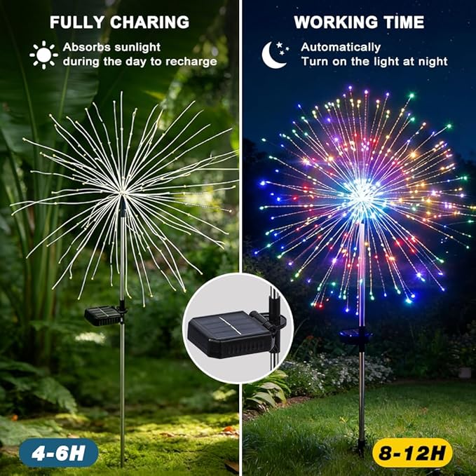 Solar Firework Lights for Outside, 8 Modes RGB Color Changing Fireworks Solar Fairy Light Outdoor for Garden Yard Patio Pathway Wedding Christmas Diwali Easter Party Decor Multicolor(2 Pack)