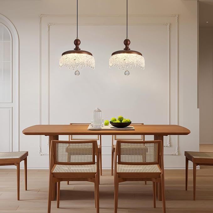 Farmhouse Wood Pendant Light,LED Hanging Pendant Light with Walnut Finish,Warm 3000K Wood Chandelier for Kitchen Island,Dining Room,Entryway（1 Pack）