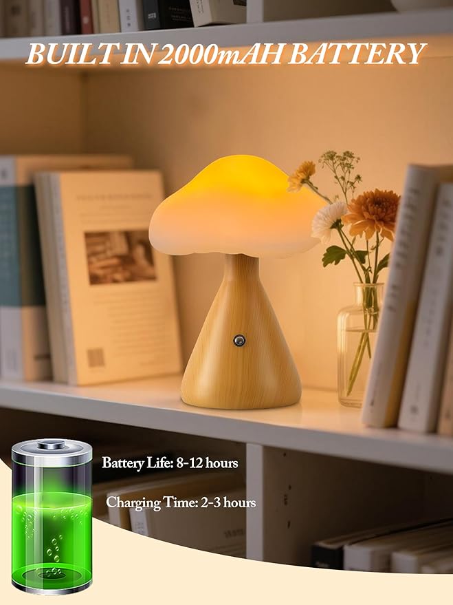 Cordless Table Lamp,Mushroom Lamp with 3 Colors,Rechargeable LED Reading Light,Touch Lamps for Nightstand,Aesthetic Lamp for Dorm Bedroom Living Room Home Decor
