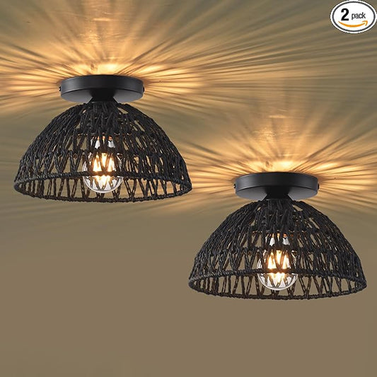 2 Pack 10.2" H Farmhouse Fixtures Ceiling Mount,Black Rattan Boho Semi Flush Mount Ceiling Light,Hand Woven Hallway Light Fixtures for Bedroom Entryway