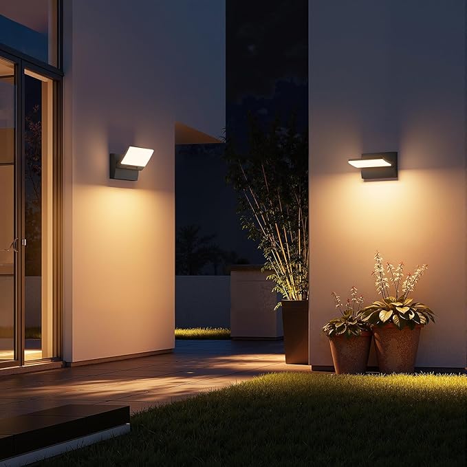 LED Outdoor Wall Light 2-Pack, Rotatable Adjustable Wall Sconce, IP65 Waterproof Porch Light for House Garage Patio, 3000K Warm White, Matte Black Aluminum