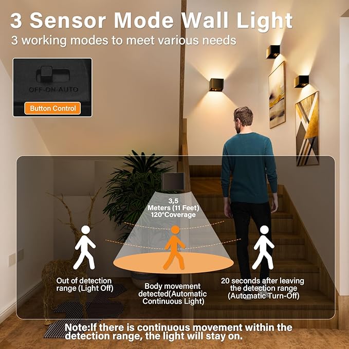 Motion Sensor Wall Light with Remote Control, Rechargeable Battery Operated Wall Sconce with 3 Colors, Wireless Magnetic Wall Lamp, LED Indoor Up and Down Wall Mount Light, Black, 2-Pack