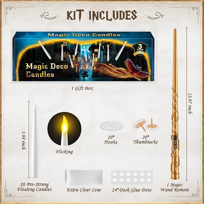 Floating Candles with Wand 20PCs -Christmas Magic Hanging Flameless Candles Taper Candles with Remote for Halloween Window Home Bedroom Birthday Party Decorations