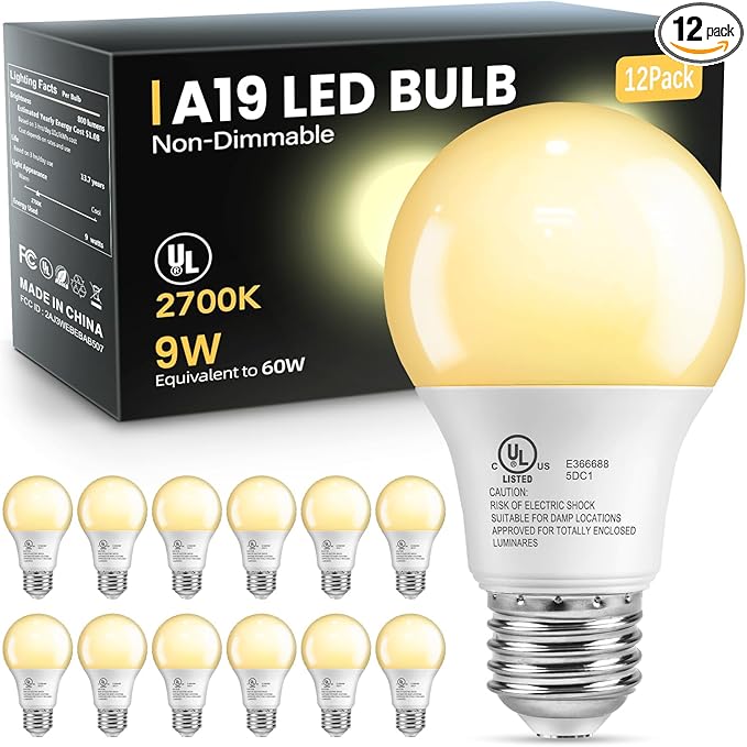 VOLIVO 12 Pack A19 LED Light Bulbs, Soft White 2700K, 9W(60 Watt Equivalent), 800 Lumens, 120V, E26 Standard Base