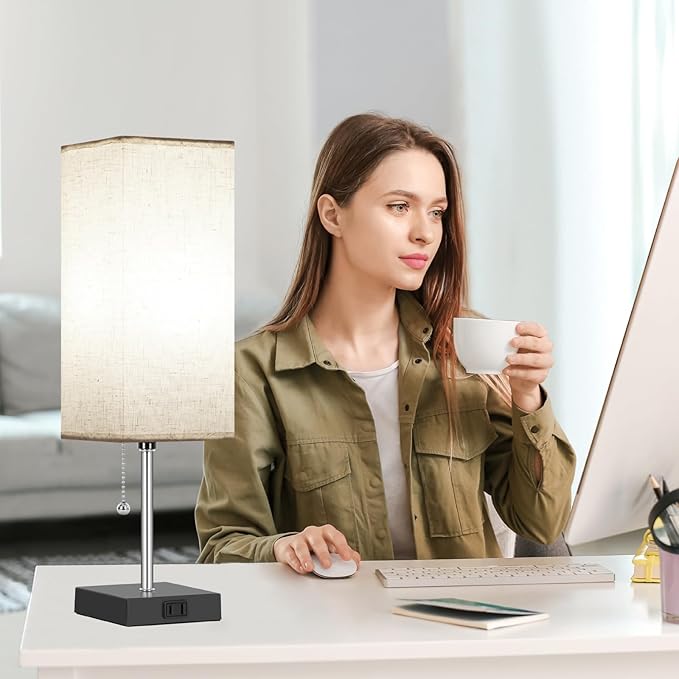 Table Lamp for Bedroom set of 2,3-Color Bedside Lamps with Pull Chain Table Lamps for Nightstand with AC Outlets,18'' Night Light Lamps with 2 Bulb Lamps for Living Room Kids Office Decor（Black+Cream）