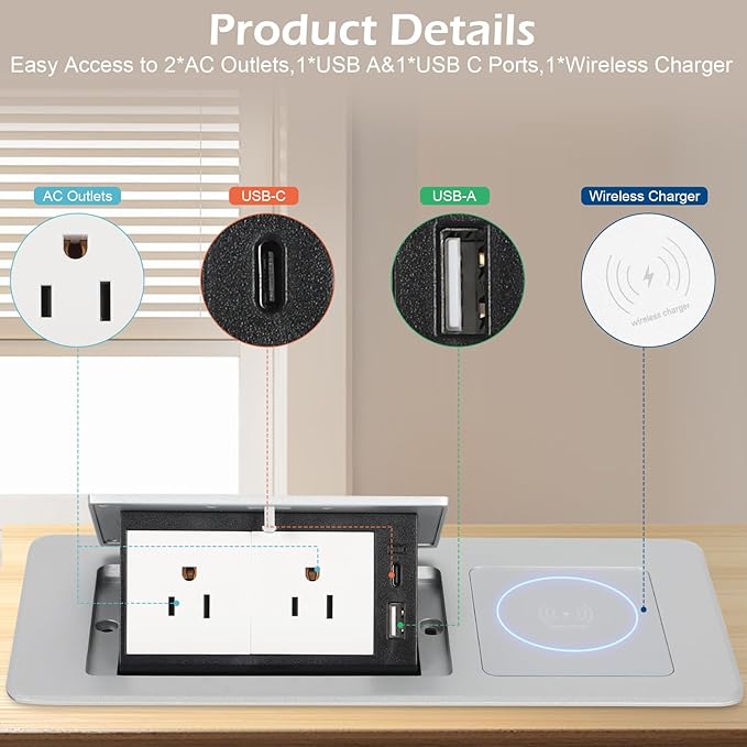 Table Pop Up Outlet Automatic Pop Up Strip Center Countertop Recessed Power Strip with 15W Wireless Charger + USB A + USB C + 2AC 5.9Ft Cord for Conference Desk Office Kitchen (Silver-Wireless)