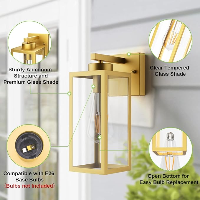 Tipace Outdoor Wall Lantern 2 Pack Gold Exterior Wall Sconce with Clear Glass Shade Wall Mount Lights for Entryway,Porch,Doorway(Bulb Not Included)