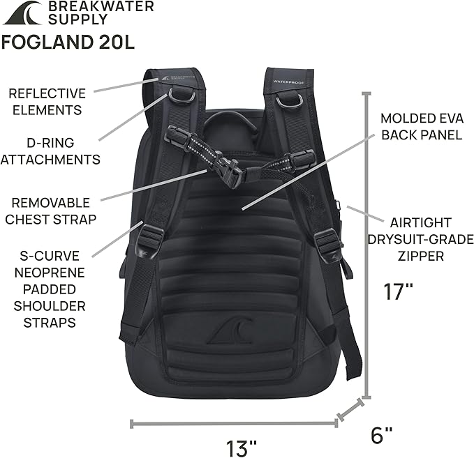 Breakwater Supply™ Waterproof IP68 Submersible Backpack with Airtight Zippers | Laptop Travel Outdoors | Fogland 25L 20L 15L | 100% Waterproof, Submersible, Airtight Zippers, Travel Outdoors