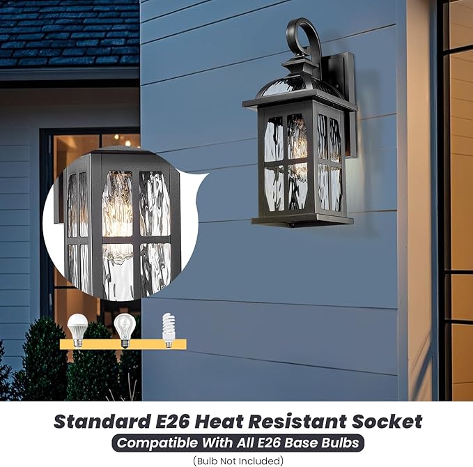 Outdoor Light Fixtures Wall Mount Aluminum Outdoor Wall Lights with Water Ripple Glass Waterproof Black Finish Exterior Wall Sconce Porch Lights for House Garage Doorway 15 Inch Height 2-Pack