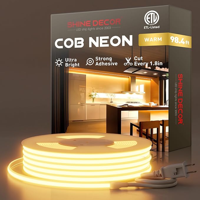 Shine Decor COB LED Rope Light AC 120V, 800lm Ultra Bright, IP65 Waterproof Cold-Resistant ETL Neon Strip, No Driver Tape Lighting for Home Commercial 10x4.5mm, 2800K Warm White, 98.4ft