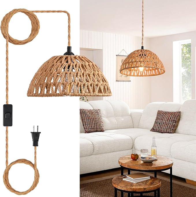 Plug in Pendant Light, Industrial Hanging Light with Plug in Cord Hemp Rope On/Off Switch Farmhouse Pendant Lamp with Plug in Cord, Vintage Hanging Lamps for Dining Room