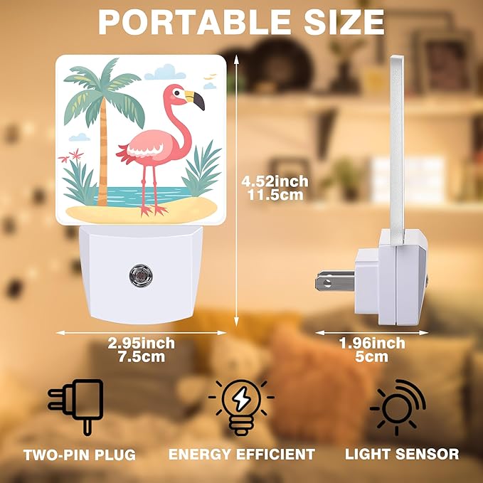 Flamingo on Tropical Island Night Light, Plug-in Nightlight with Dusk to Dawn Auto Sensor for Home Bedroom Hallway Kitchen 0.5W Sleep Friendly Led Lamp for Women Men