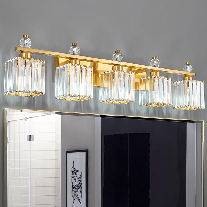 Vanity Lights 5-Light Modern Crystal Vanity Light Gold Bathroom Light Fixtures Over Mirror Crystal Bathroom Vanity Lighting Fixtures