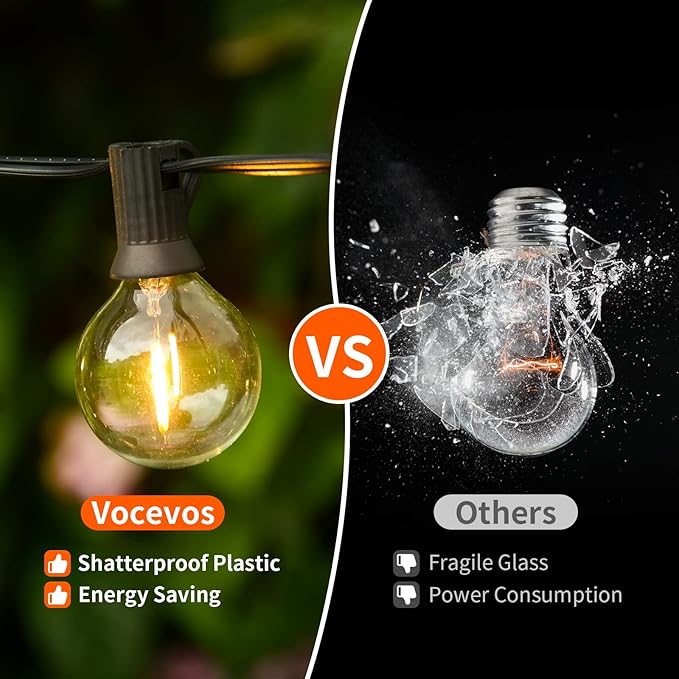 Vocevos Outdoor String Lights 100FT LED Outside Patio Light Updated Waterproof Gazebo Lighting Shatterproof UL Listed G40 Globes 0.6W Efficient Connectable Decor Yard Café Exterior