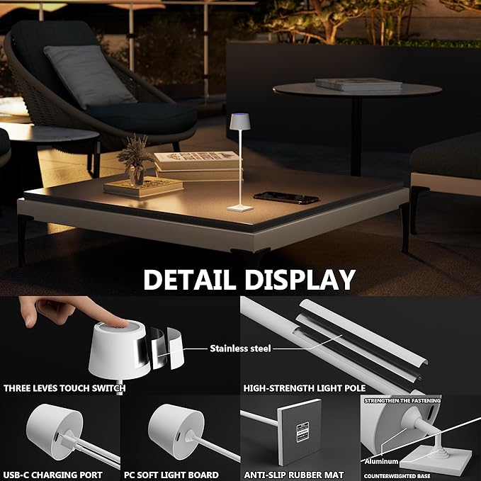 Compact Cordless Table Lamp, Rechargeable LED Night Light, Dual Light Source (RGB Top & Warm Bottom), Touch Control & Timer, Metal Lamp for Bedroom & Kids Room (White 1PACK)