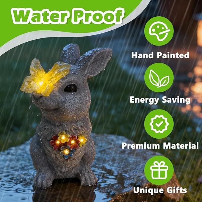 Solar Bunny Garden Statue with Glowing Butterfly - 8.3" Outdoor Garden Decor for Yard, Patio - Resin Rabbit Figurine Lights - Ideal Easter Decorations & Birthday Gifts for Mom, Grandma
