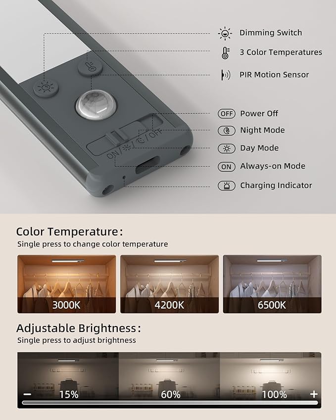 EZVALO 14.5inch Under Cabinet Lighting, 3200mAh Rechargeable Motion Sensor Lights Indoor 3 Color Temps, Magnetic Stick On LED Closet Lights Wireless, Dimmable Under Counter Lights for Kitchen- 2 Pack