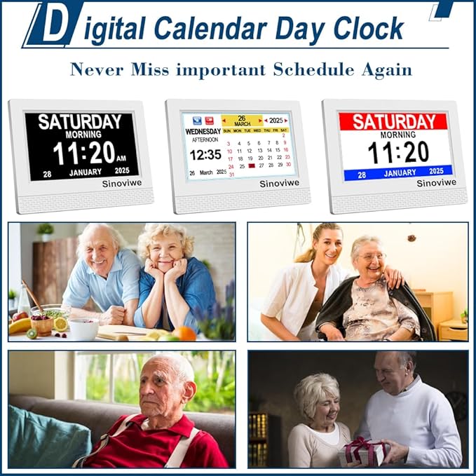 Digital Alarm Clock 7" HD Large Screen Digital Calendar with Auto-Dimming, Clear Day/Date Display for Alzheimer's Dementia Seniors & Low Vision with Remote Control and Custom Reminder Function(White)